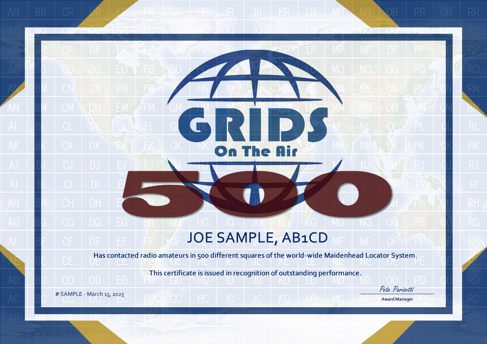 example certificate for achieving 500 unique grids contacted